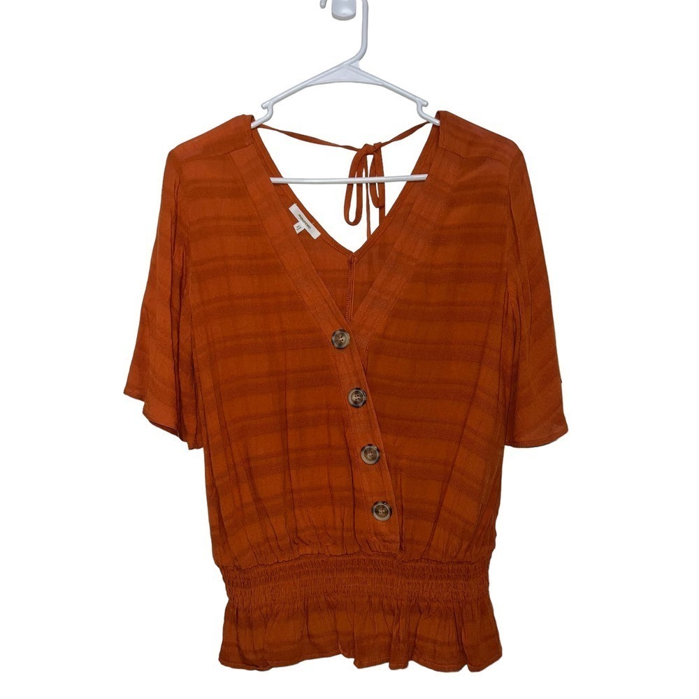 Maurices Smock Ruffle Trim Button Front V-Neck Blouse Rust Orange Size Small - Picture 2 of 4